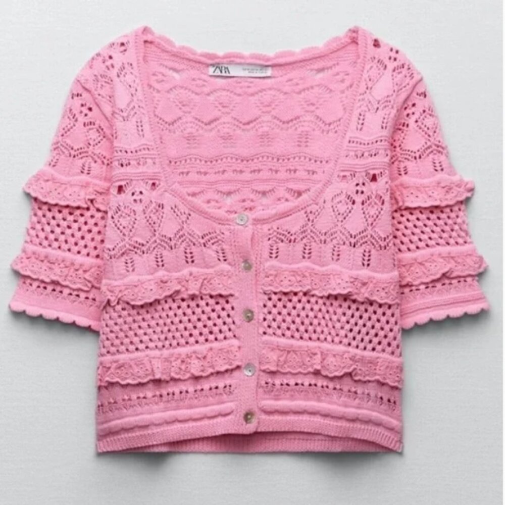 NEW ZARA Pink Cotton Knit Crochet Crop Top: Cottagecore Cardigan - Picture 6 of 16
